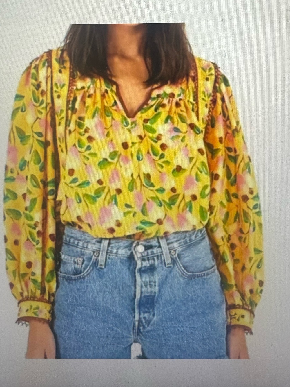 FARM Rio Mini Cashew Yellow Floral V-Neck Puff Sleeve Blouse